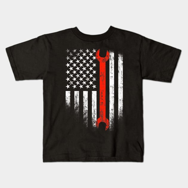 American Flag Mechanic Wrench Patriotic Auto Techs Motor Kids T-Shirt by Fowlerbg